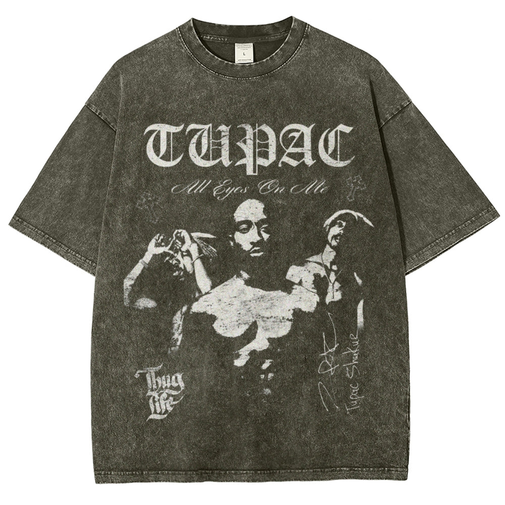 Unisex Vintage Tupac Darkness Style Graphic Short Sleeve Washed T-shirt