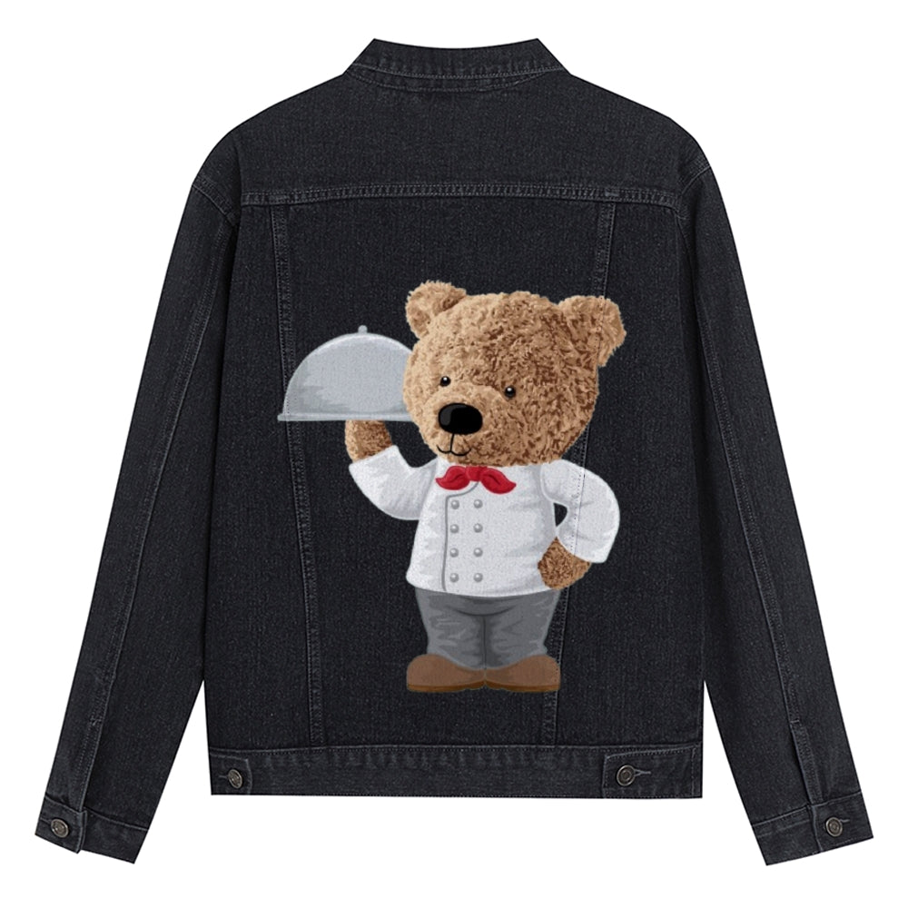 Mens Vintage Cartoon Cute Bear Prints Chef Denim Jacket