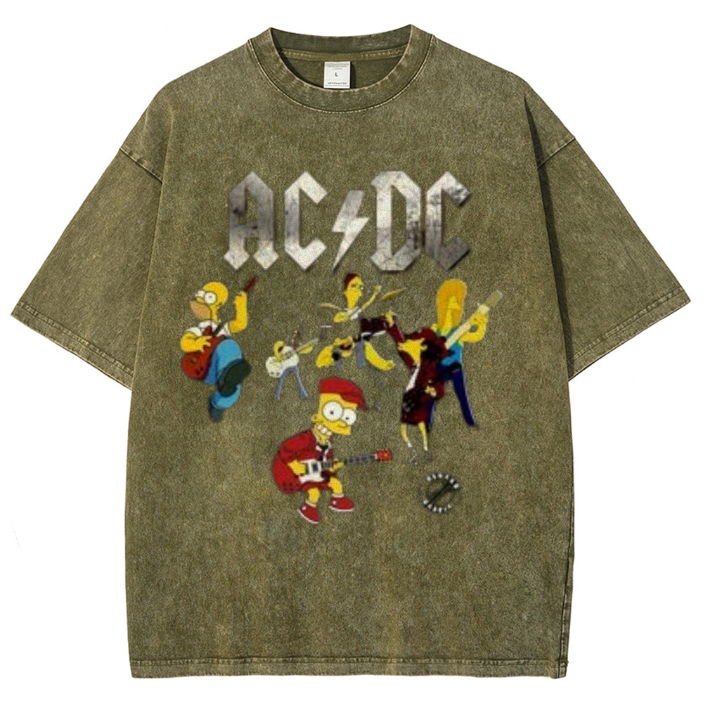 Unisex Vintage The Acdc Rock Band Print Short Sleeve Casual Graphic Washed T-shirt