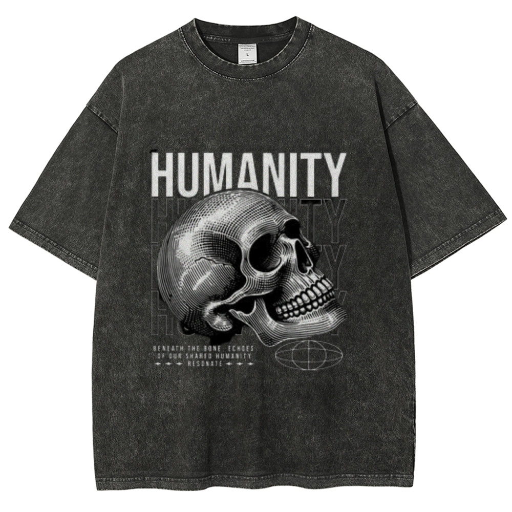 Women Washed Vintage Humanity Skull Graphic T-shirt