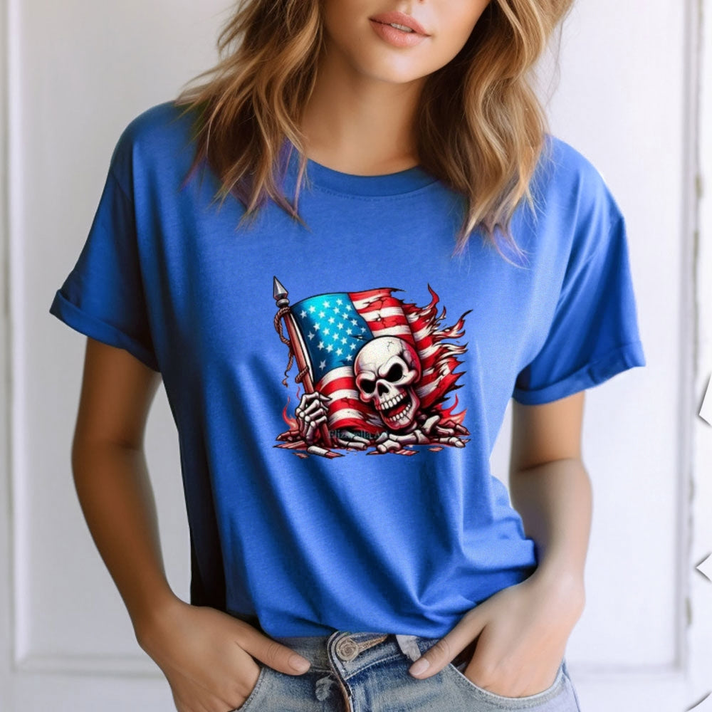 Women Flag Independence Day Skull Print T-shirt