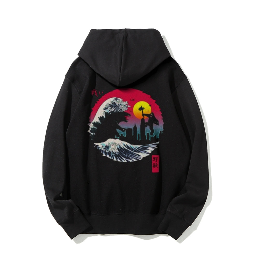 Mens Vintage Godzilla Darkness Style Print Graphic Pullover With Kangaroo Pocket Hoodies