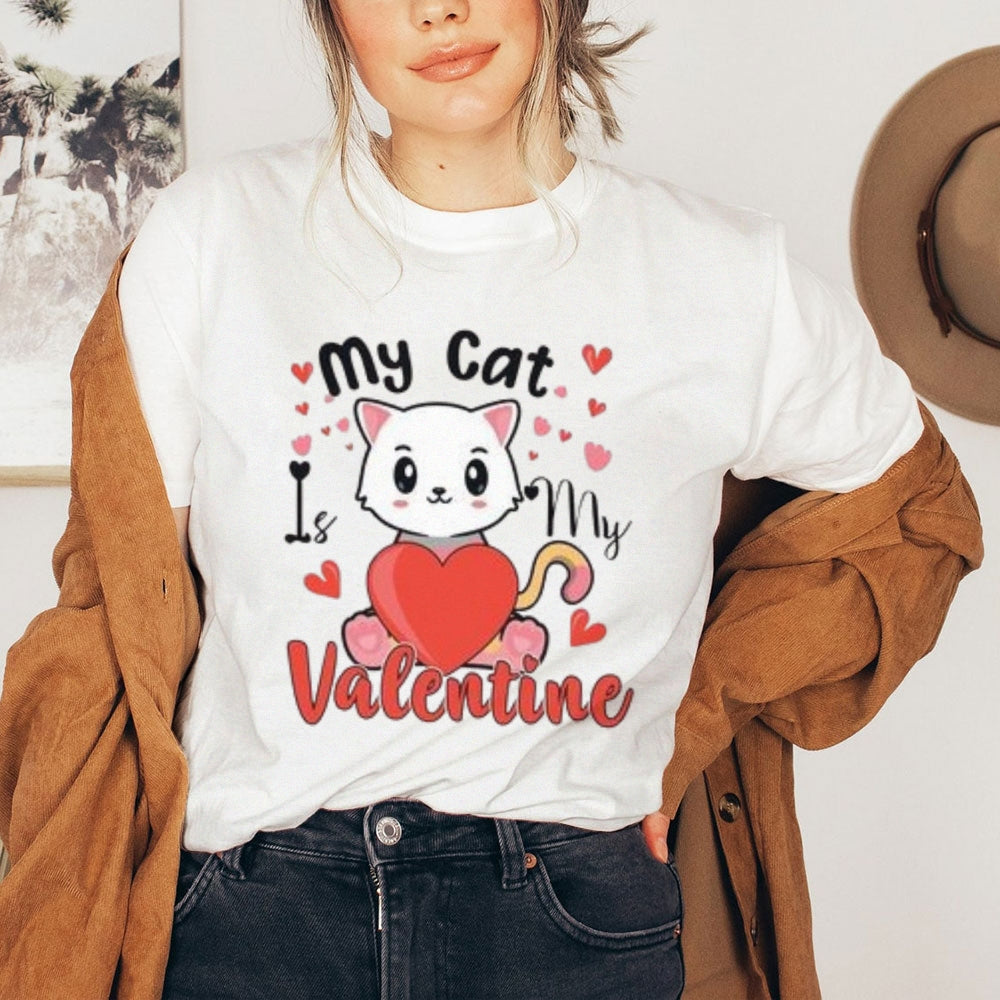 Women My Cat Is My Valentine's Day Print Graphic T-shirt