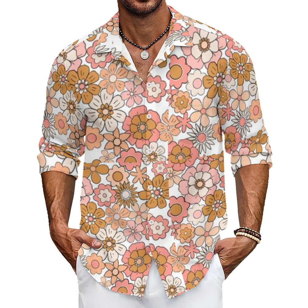 Mens Small Red Flower Print Long Sleeve Shirt