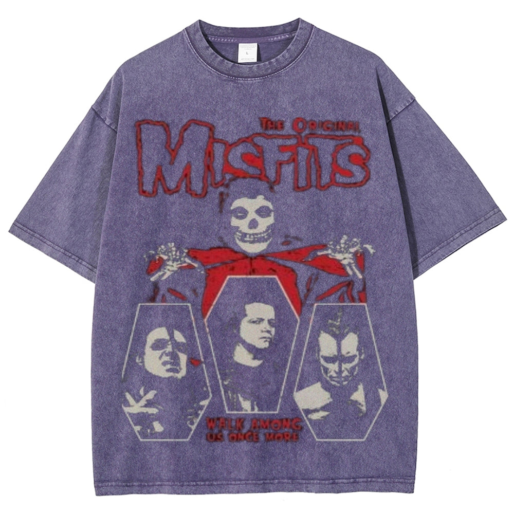 Unisex Vintage The Misfits Rock Band Print Short Sleeve Casual Graphic Washed T-shirt