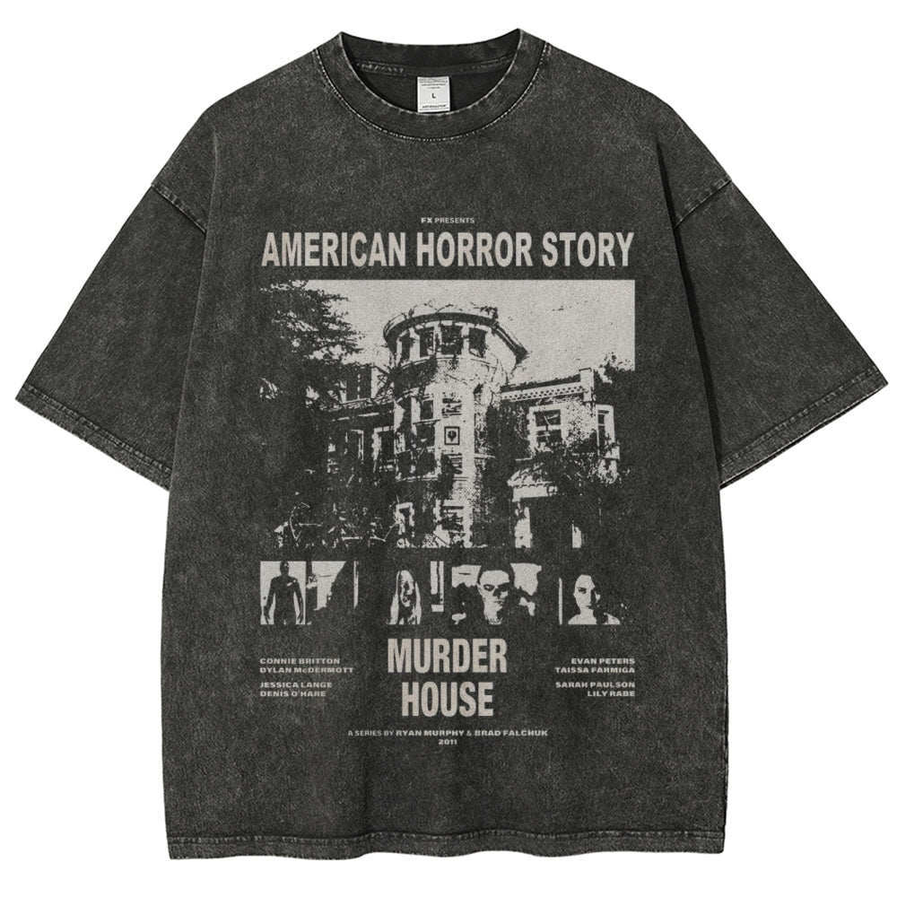 Unisex Vintage American Horror Story Graphic Short Sleeve Washed T-shirt