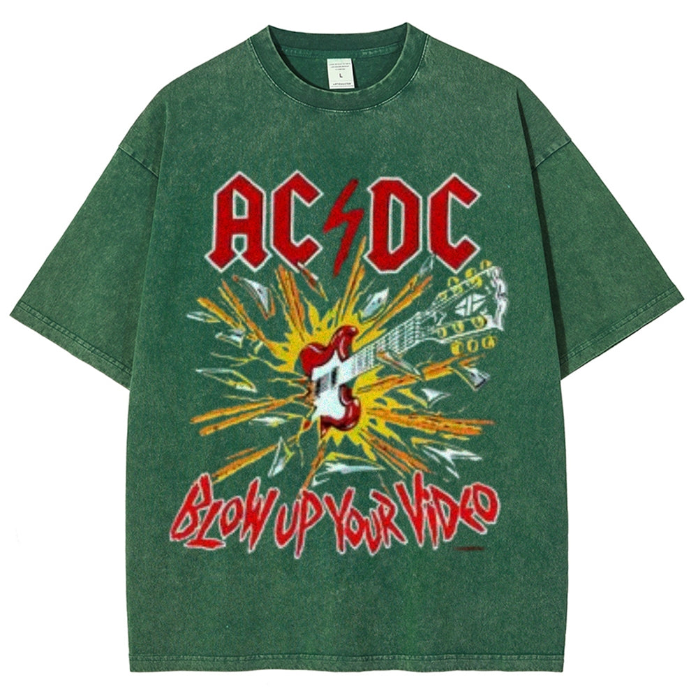 Unisex Vintage The Acdc Rock Band Print Short Sleeve Casual Graphic Washed T-shirt