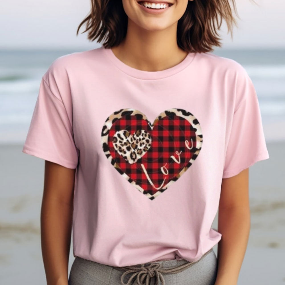 Women Love Leopard Heart Valentine's Day Print Graphic T-shirt