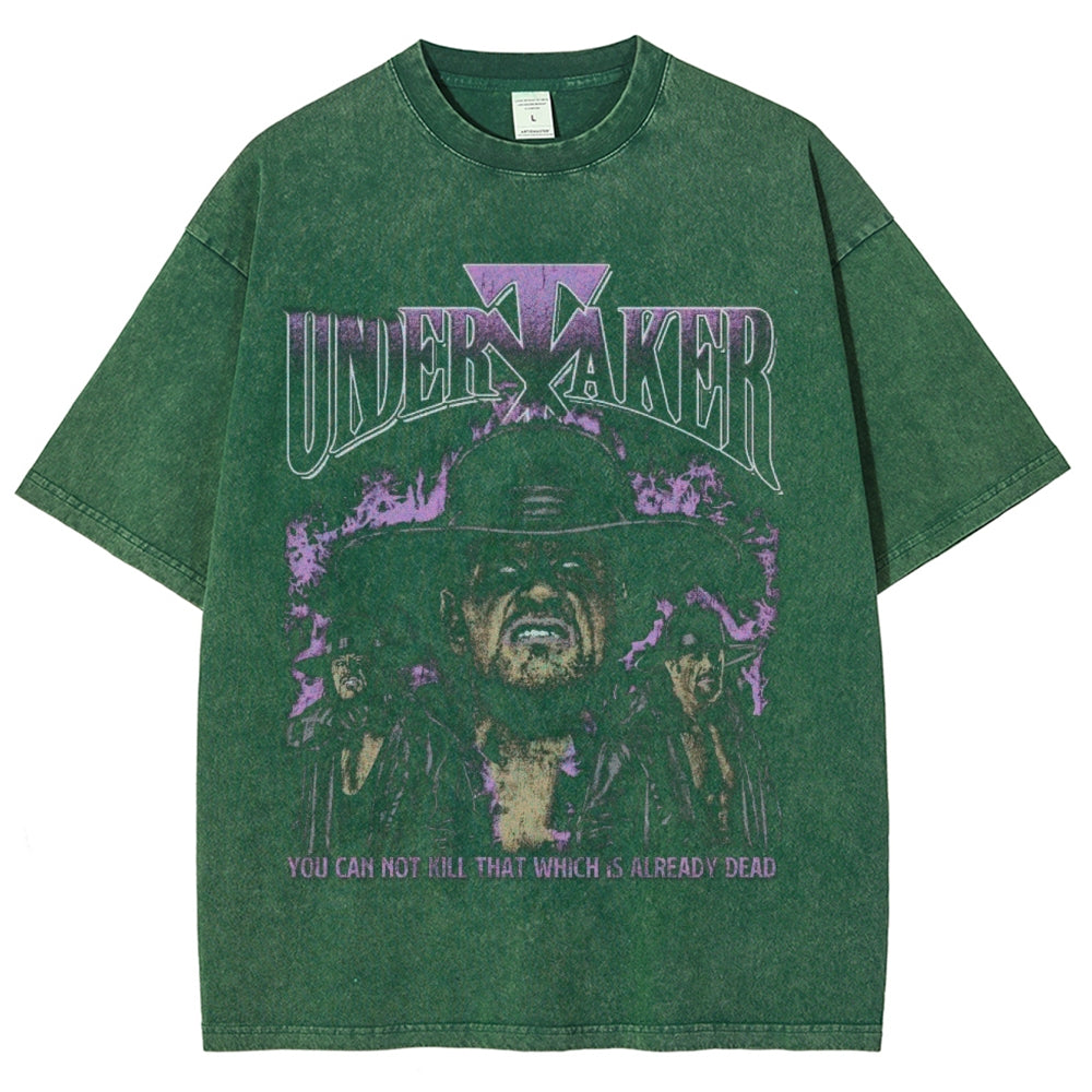 Unisex Vintage Undertaker Darkness Style Graphic Short Sleeve Washed T-shirt