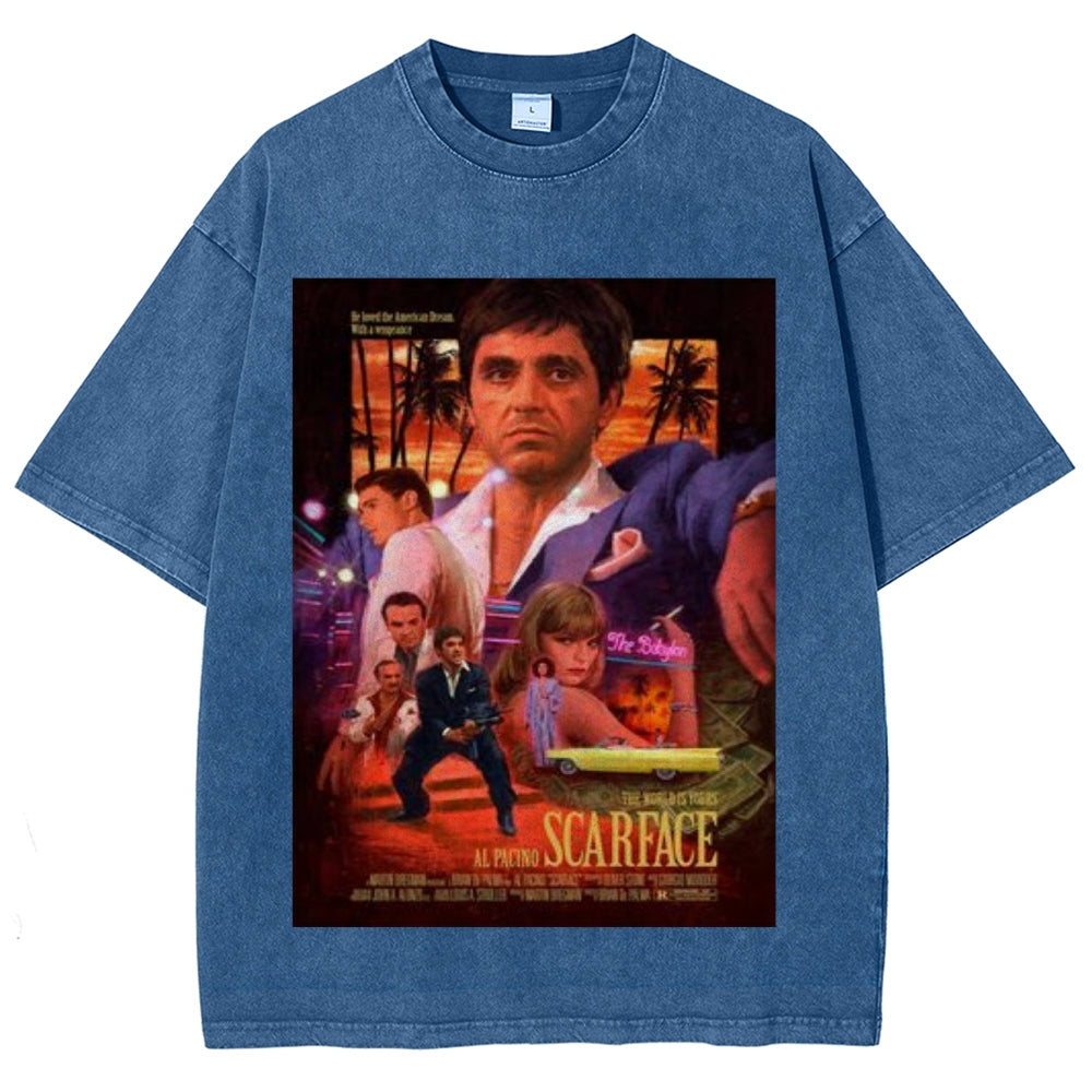 Unisex Vintage Scarface Horror Graphic Short Sleeve Washed T-shirt