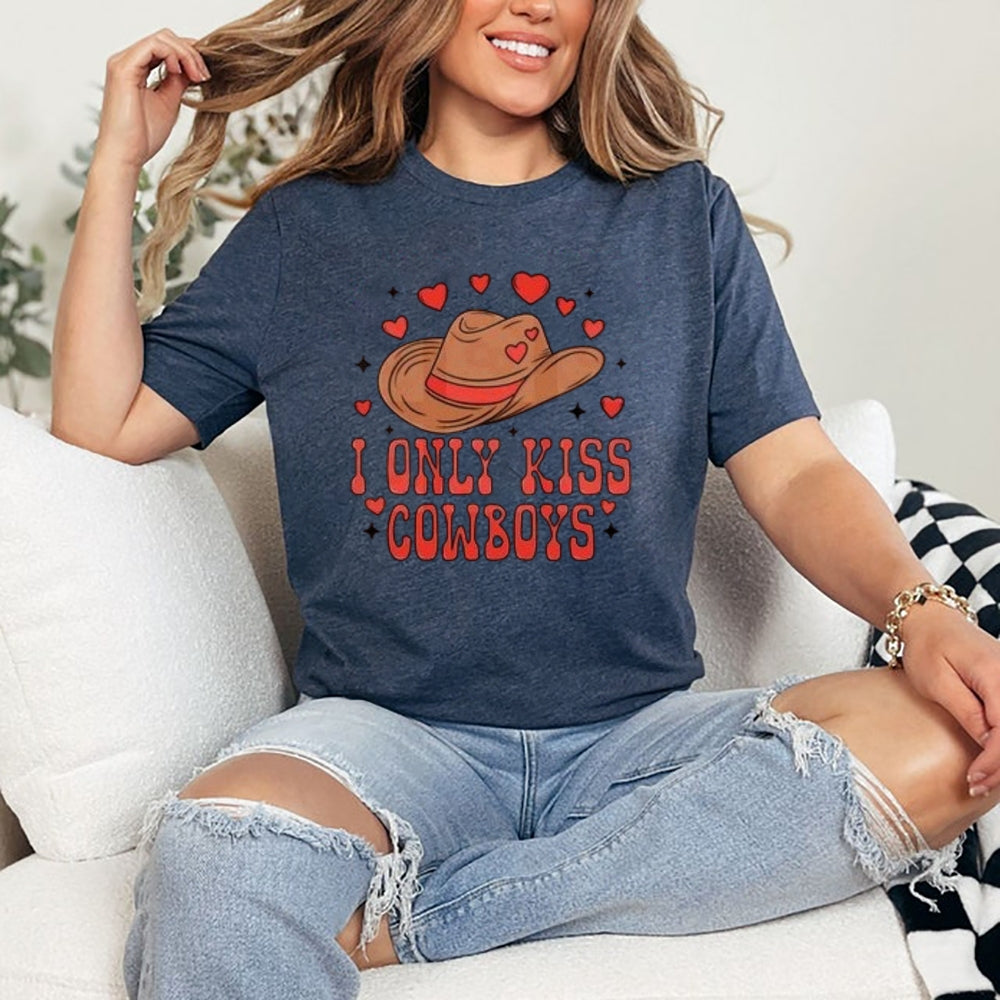 Women Western Style I Only Kiss Cowboy Print Graphic T-shirt