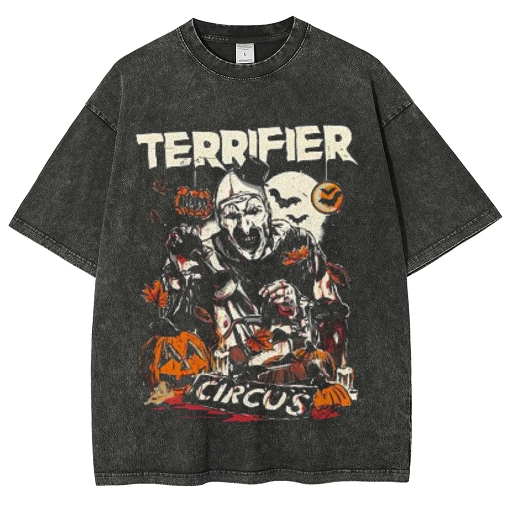 Unisex Vintage Terrifier Horror Graphic Short Sleeve Washed T-shirt