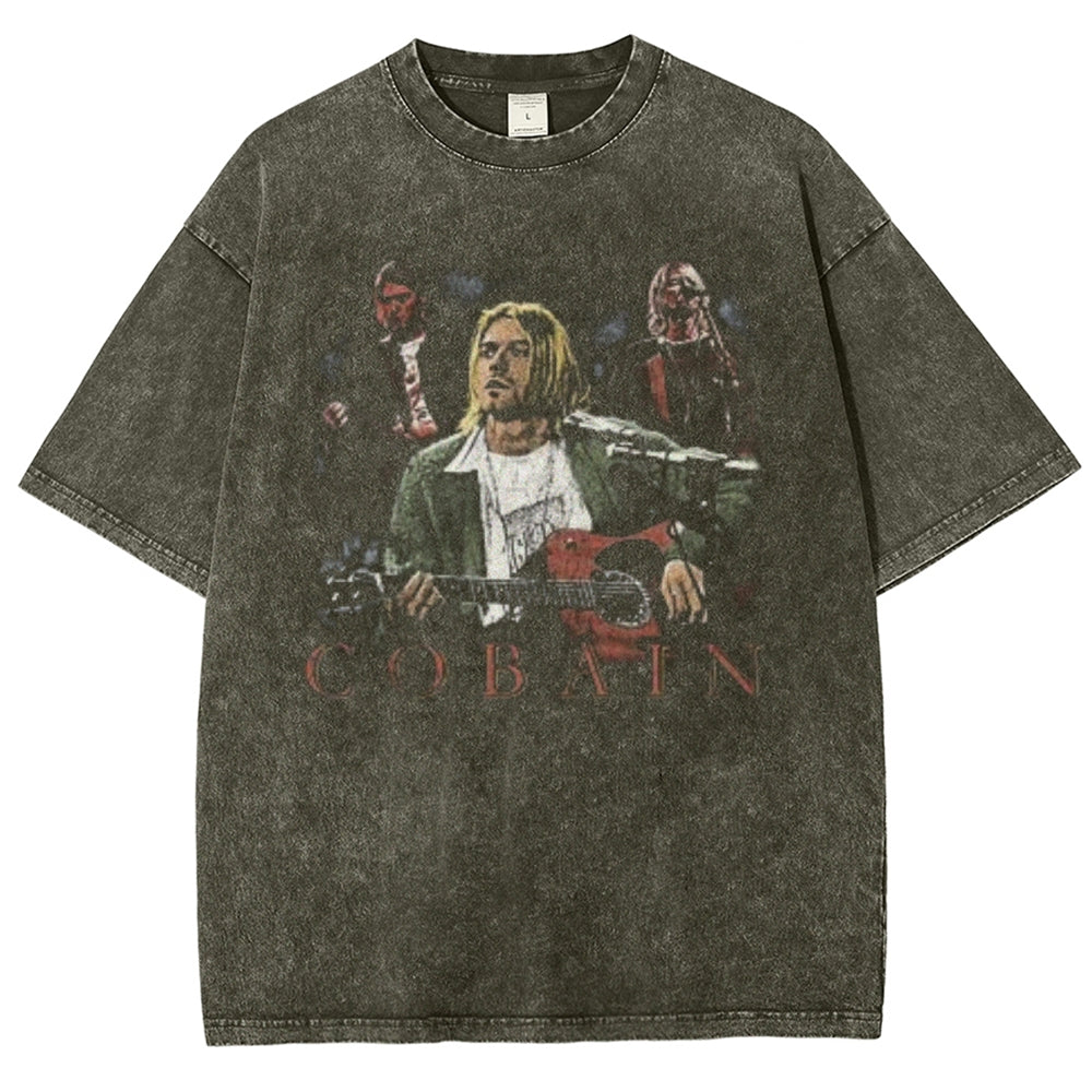 Unisex Vintage Cobain Darkness Style Graphic Short Sleeve Washed T-shirt