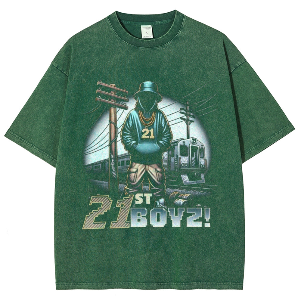 Unisex Vintage 21 Boys Darkness Style Graphic Short Sleeve Washed T-shirt