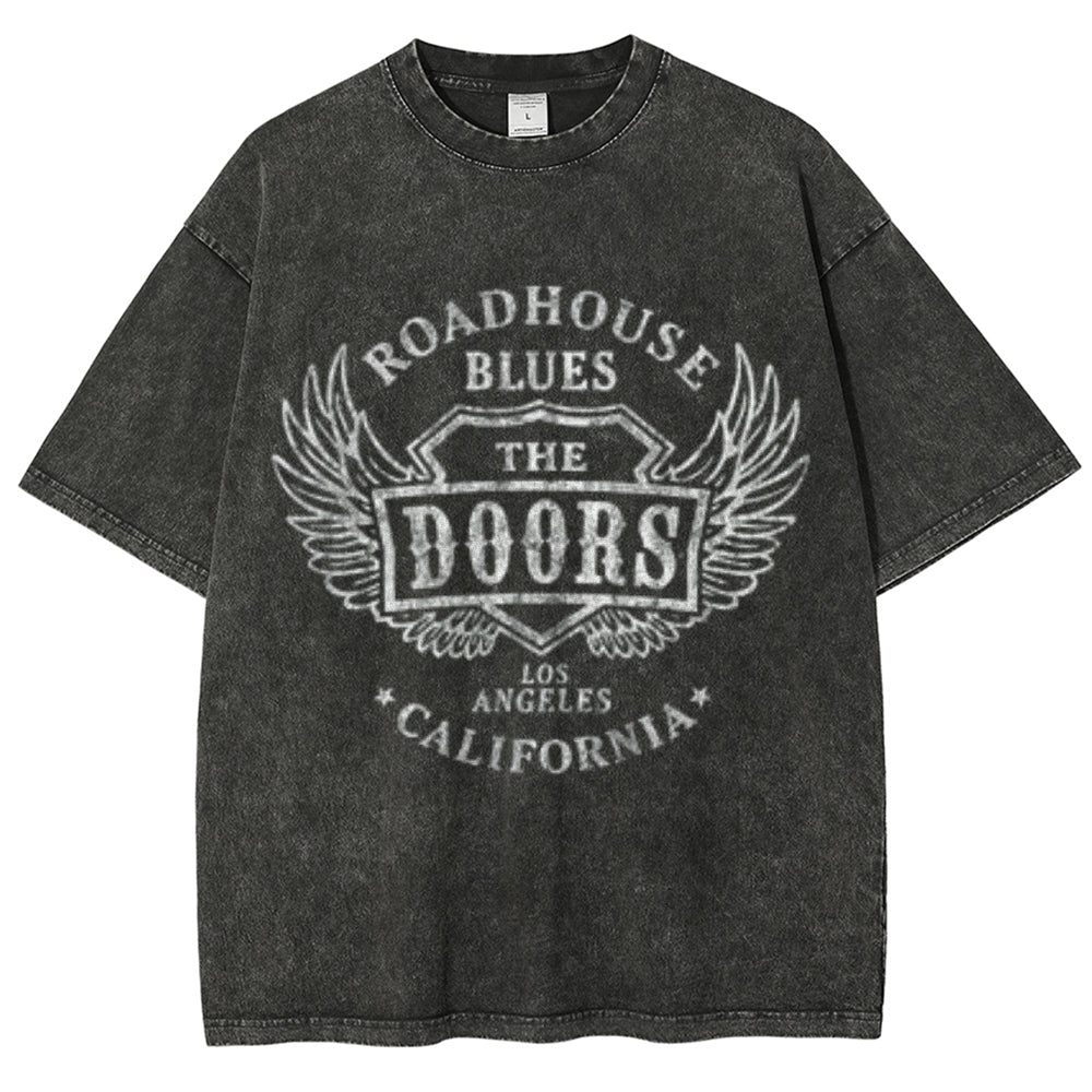 Unisex Vintage The Doors Rock Band Print Short Sleeve Casual Graphic Washed T-shirt