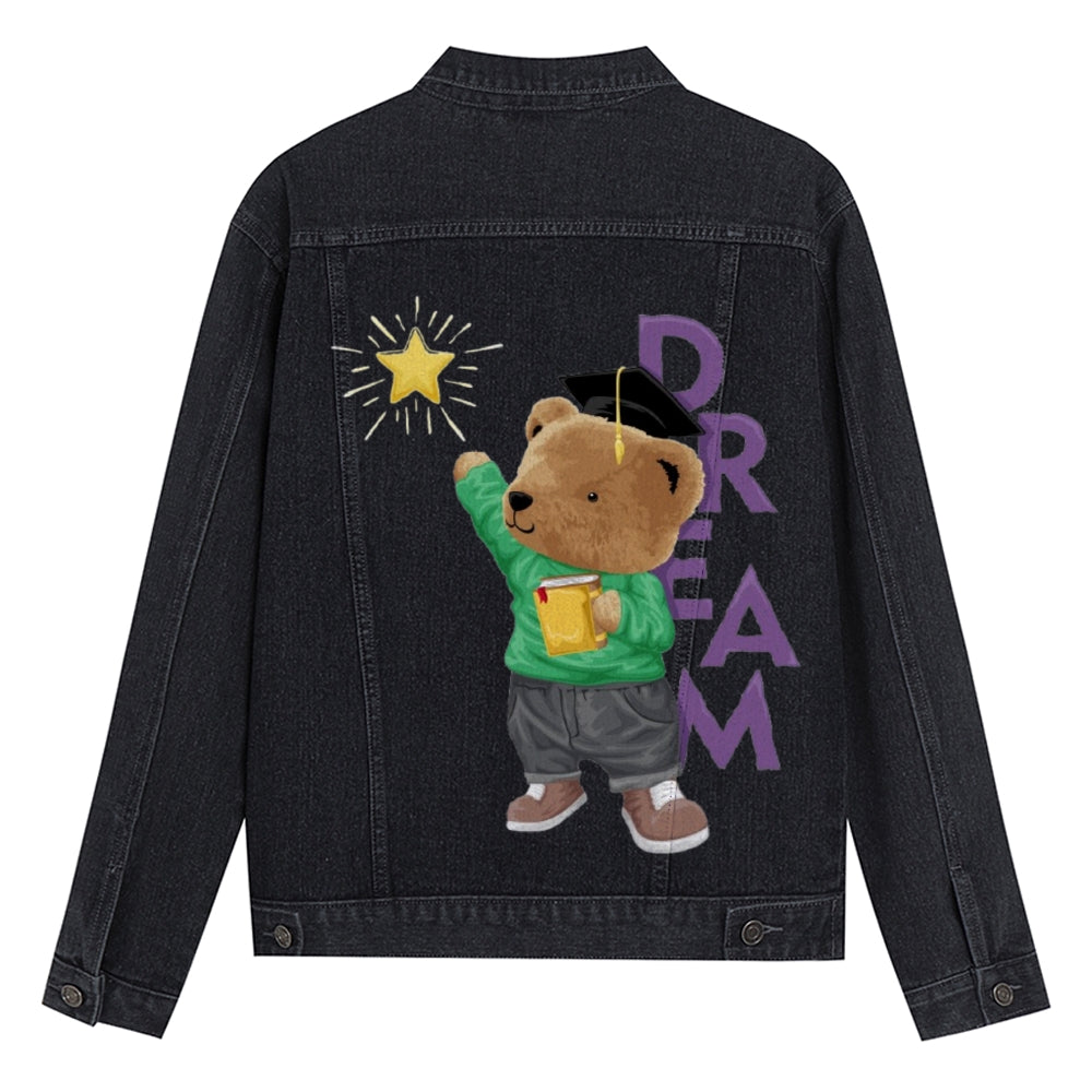 Mens Vintage Cartoon Cute Bear Dream Prints Denim Jacket