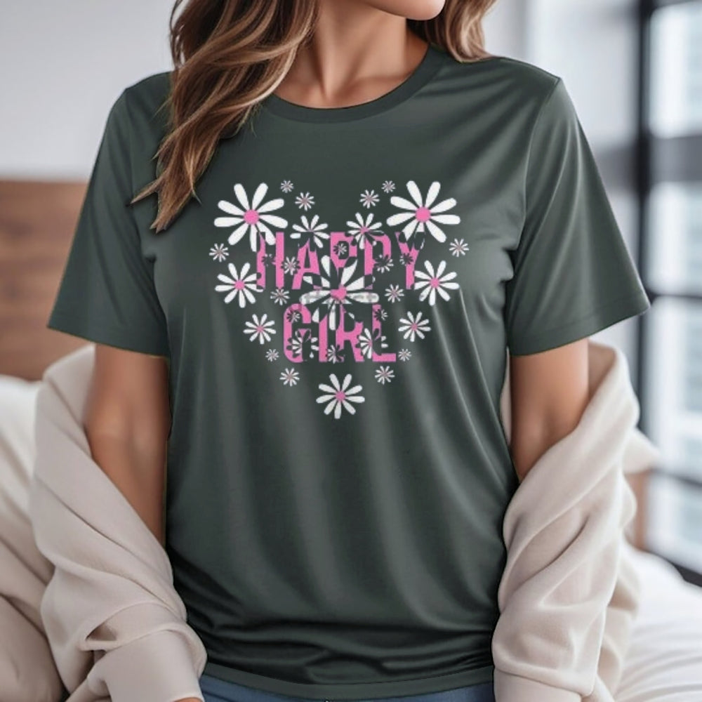 Women Happy Girl Flower Heart Graphic Print T-shirt