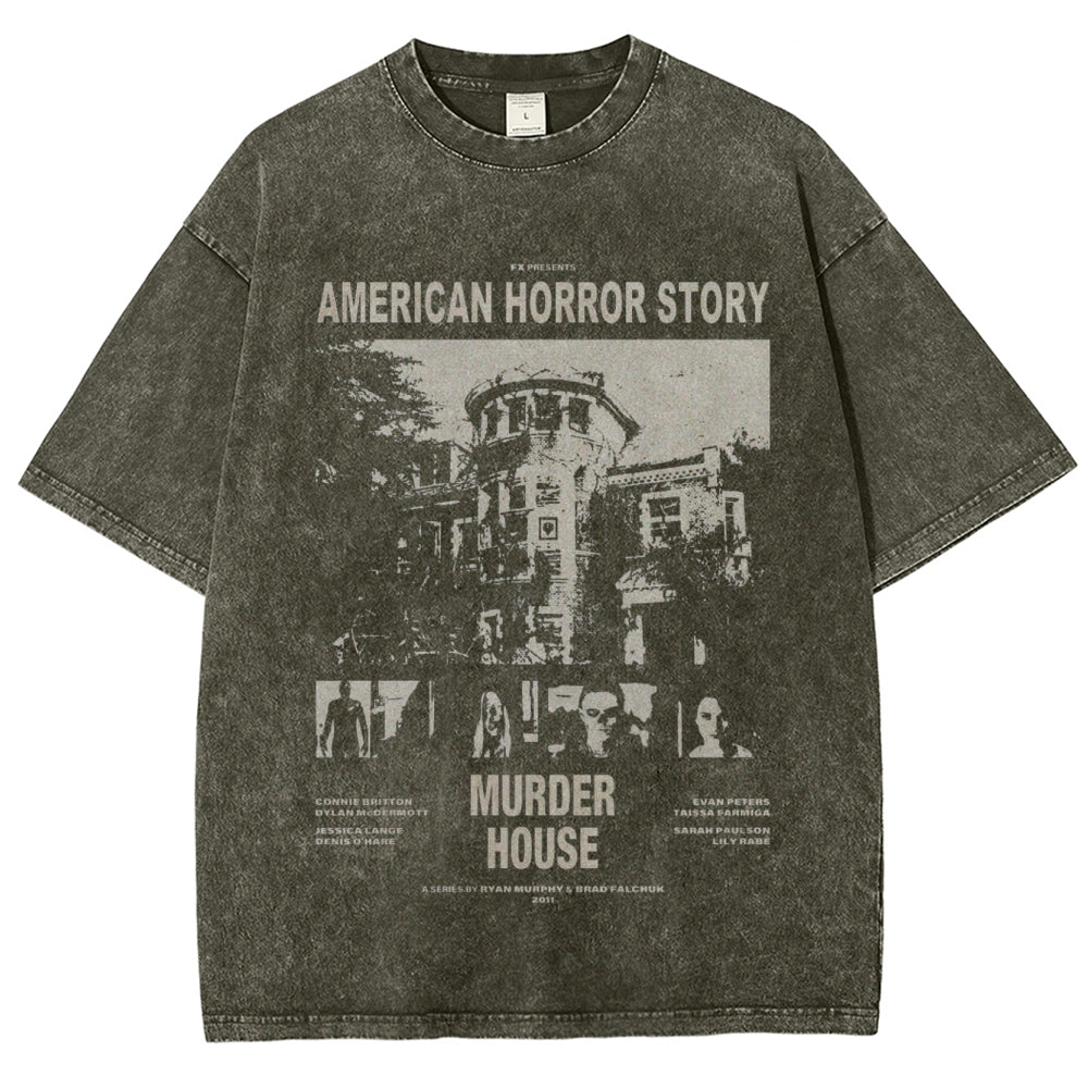 Unisex Vintage American Horror Story Graphic Short Sleeve Washed T-shirt