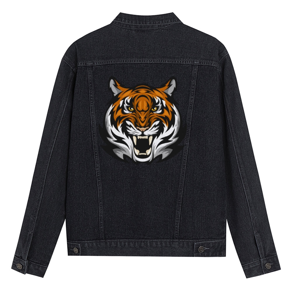 Mens Vintage Cartoon Prints Tiger Head Denim Jacket