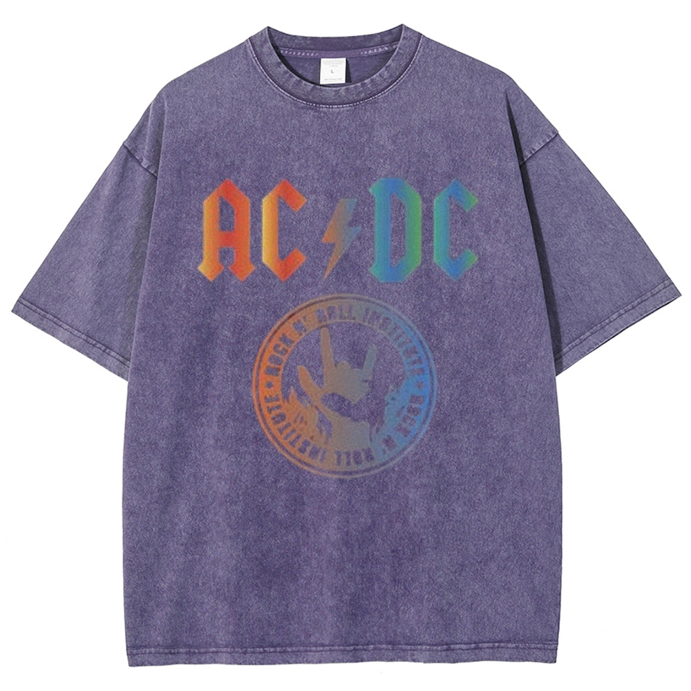 Unisex Vintage The Acdc Rock Band Print Short Sleeve Casual Graphic Washed T-shirt