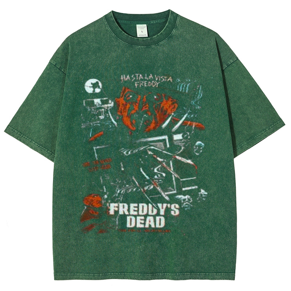 Unisex Vintage Freddy Dead Scary Graphic Short Sleeve Washed T-shirt