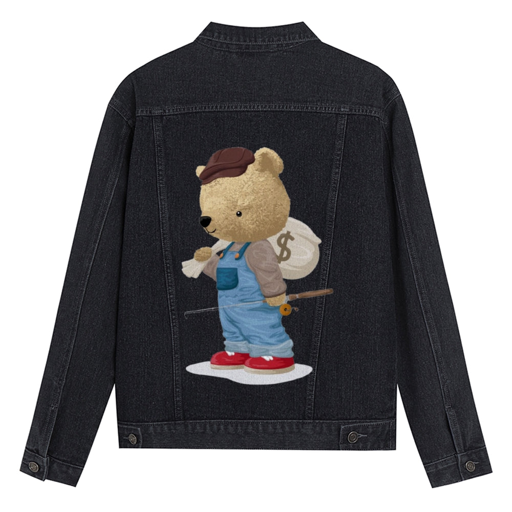 Mens Vintage Cartoon Cute Bear Fishing Prints Denim Jacket