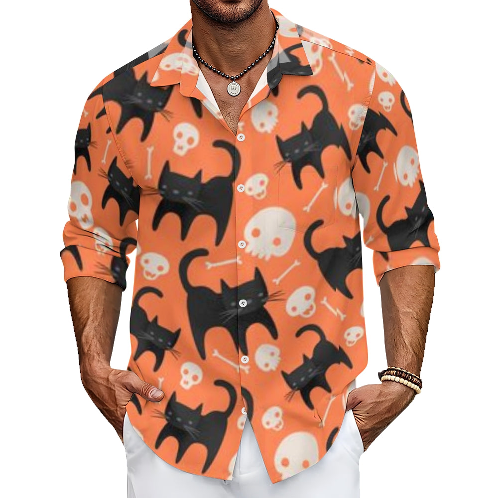 Mens Halloween Cat Print Long Sleeve Shirt