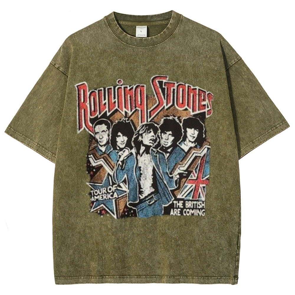 Unisex Vintage The Rolling Stone Rock Band Print Short Sleeve Casual Graphic Washed T-shirt