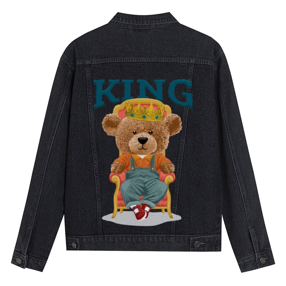 Mens Vintage Cartoon Cute King Bear Prints Denim Jacket