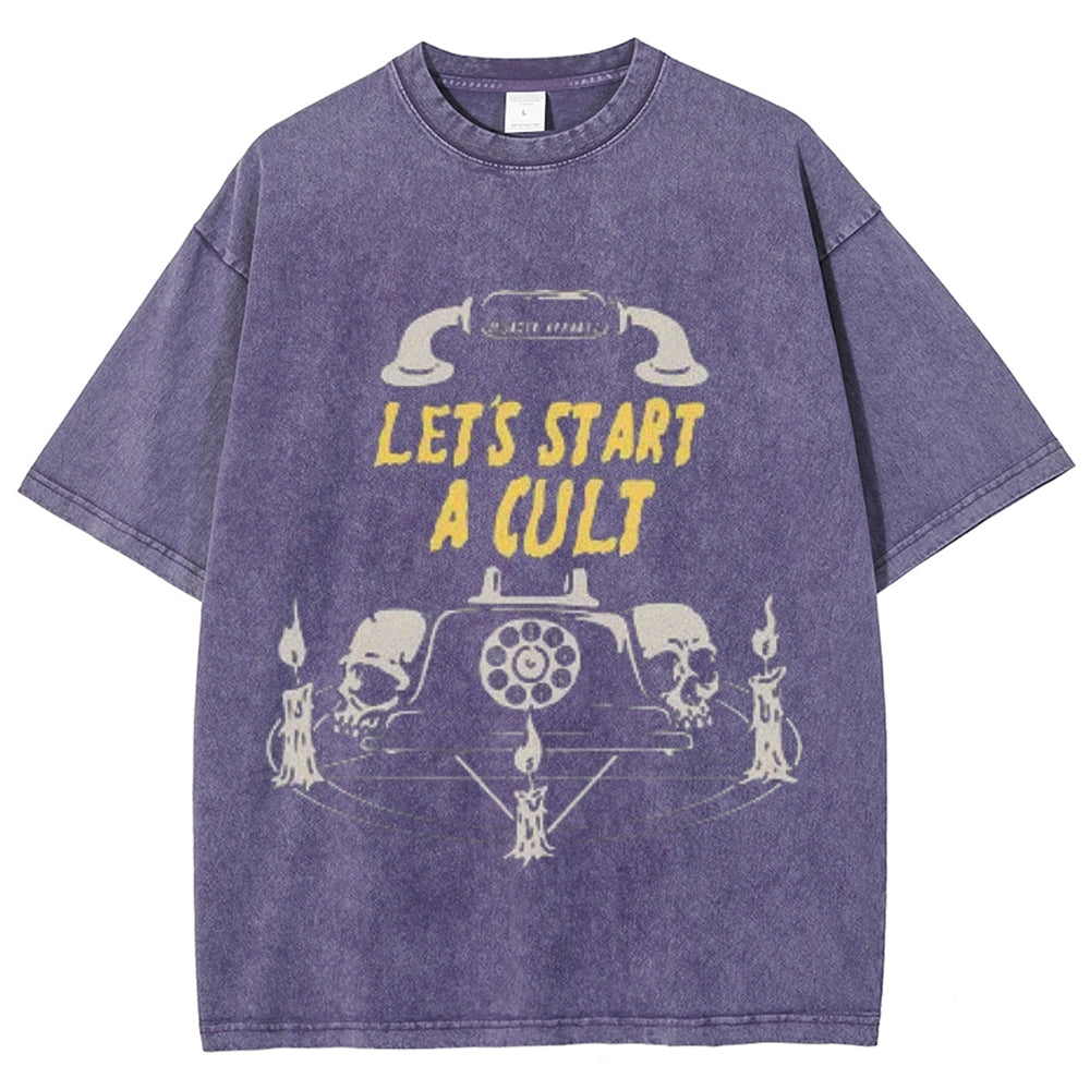 Unisex Vintage Let's Start A Cult Graphic Short Sleeve Washed T-shirt