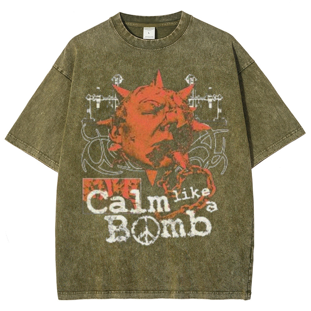 Unisex Vintage Calm Like A Bomb Graphic Short Sleeve Washed T-shirt