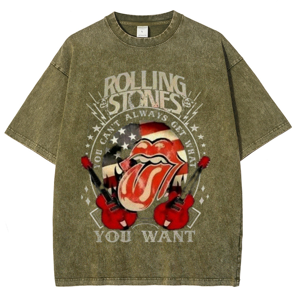 Unisex Vintage The Rolling Stone Rock Band Print Short Sleeve Casual Graphic Washed T-shirt