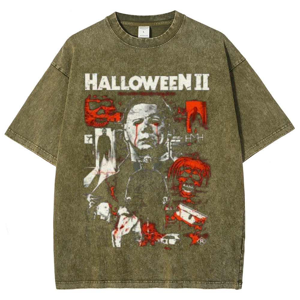 Unisex Vintage Halloween Horror Style Graphic Short Sleeve Washed T-shirt