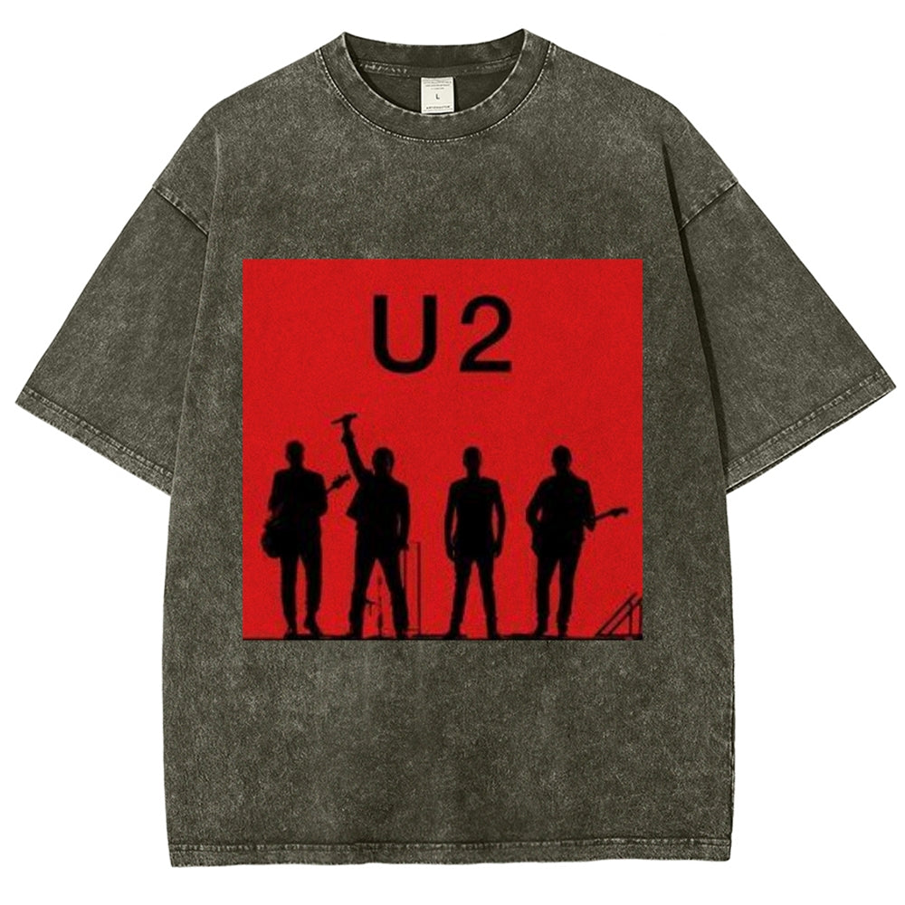 Unisex Vintage The U2 Rock Band Print Short Sleeve Casual Graphic Washed T-shirt