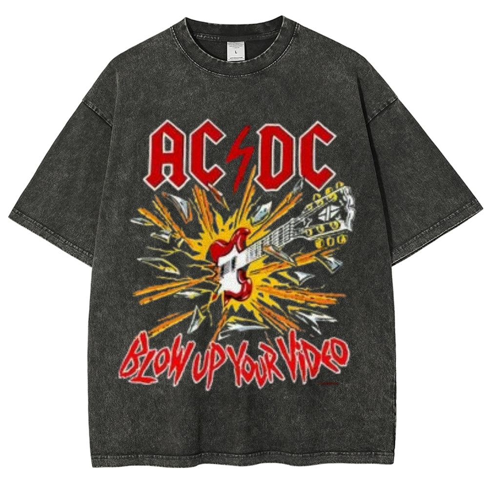 Unisex Vintage The Acdc Rock Band Print Short Sleeve Casual Graphic Washed T-shirt