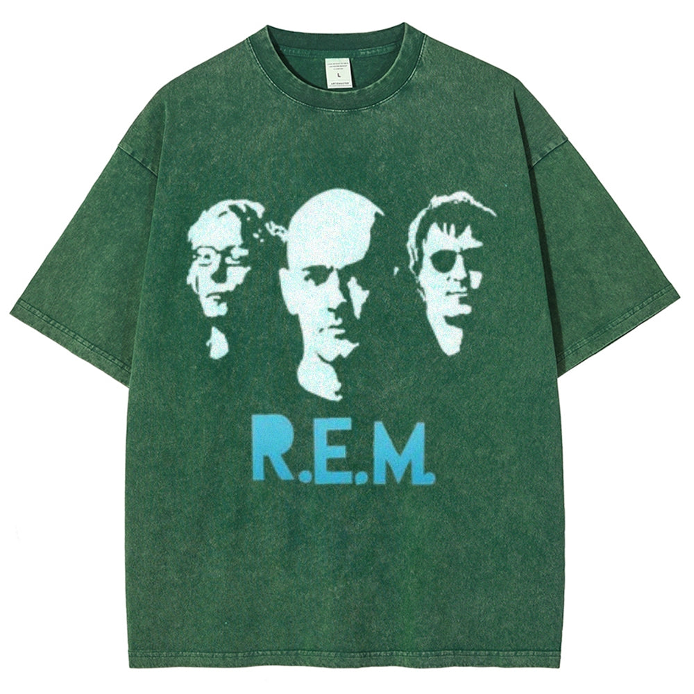 Unisex Vintage The Rem Rock Band Print Short Sleeve Casual Graphic Washed T-shirt