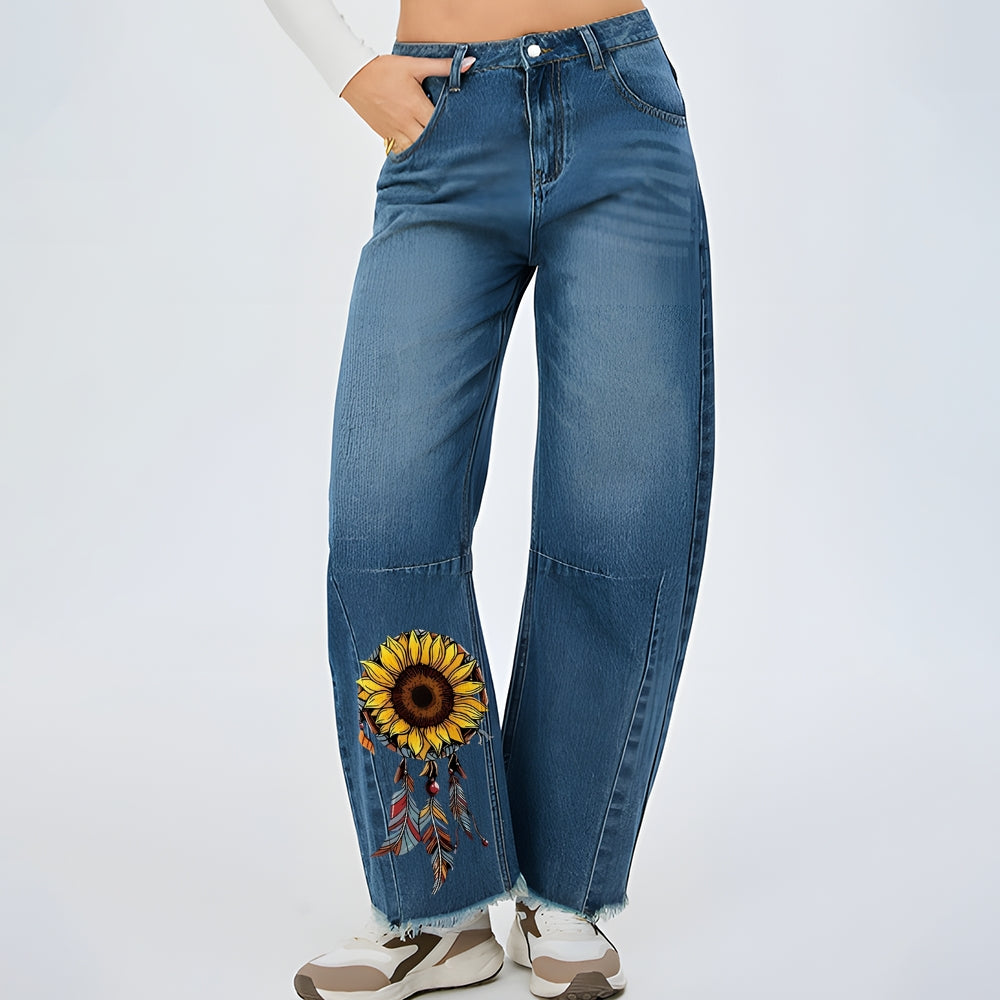 Women Dreamcatcher Sunflower Graphic Baggy Straight Leg Jean