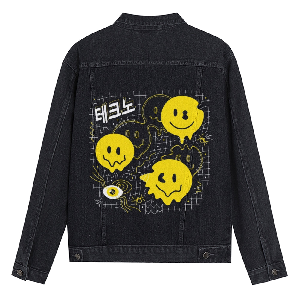 Mens Vintage Cartoon Prints Smiling Face Denim Jacket