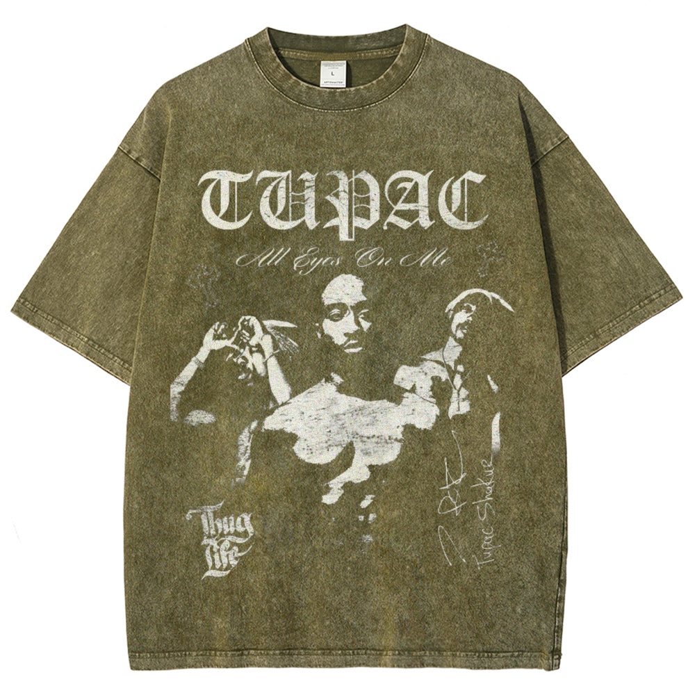 Unisex Vintage Tupac Darkness Style Graphic Short Sleeve Washed T-shirt