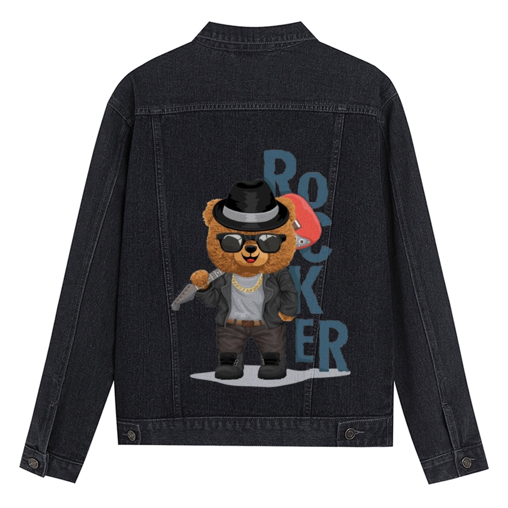 Mens Vintage Cartoon Cute Rocker Bear Prints Denim Jacket