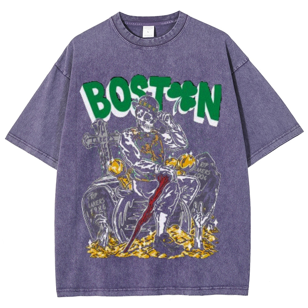 Unisex Vintage Boston Darkness Style Graphic Short Sleeve Washed T-shirt