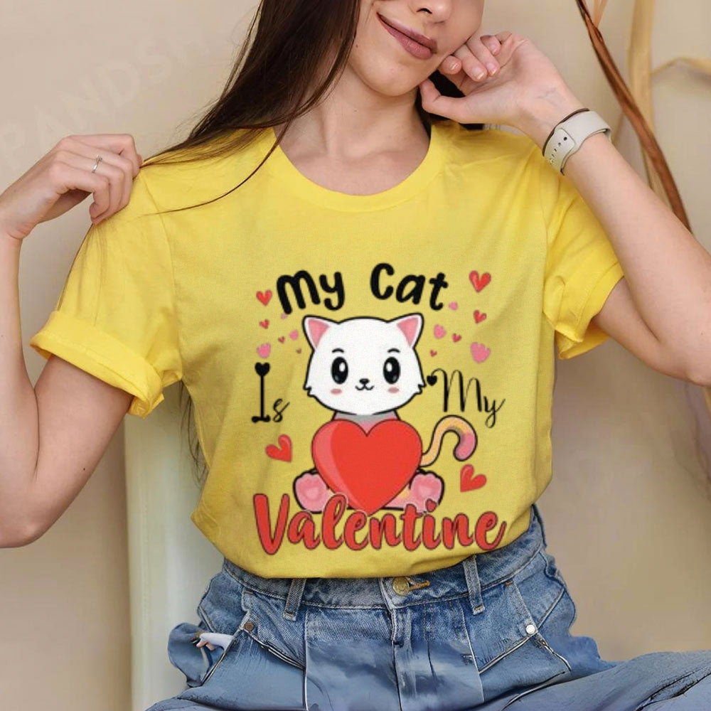 Women My Cat Is My Valentine's Day Print Graphic T-shirt