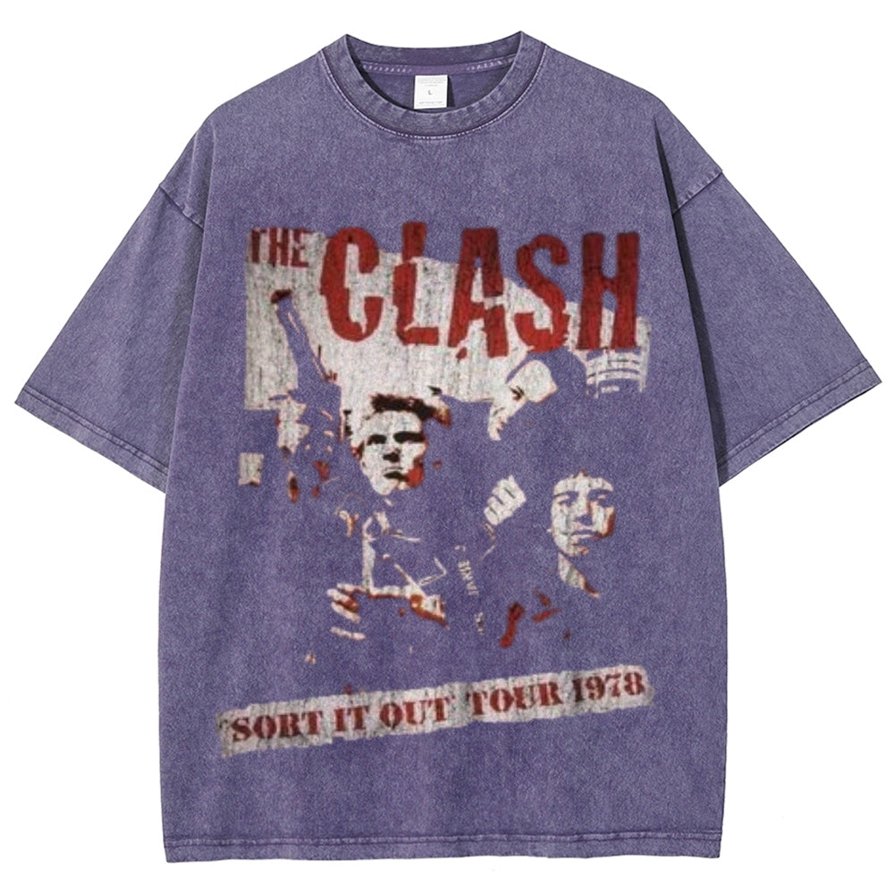 Unisex Vintage The Clash Rock Band Print Short Sleeve Casual Graphic Washed T-shirt