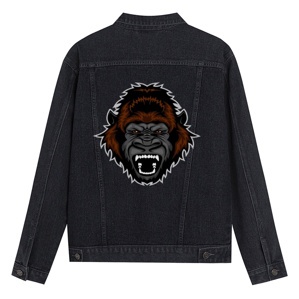 Mens Vintage Cartoon Prints Chimpanzee Head Denim Jacket