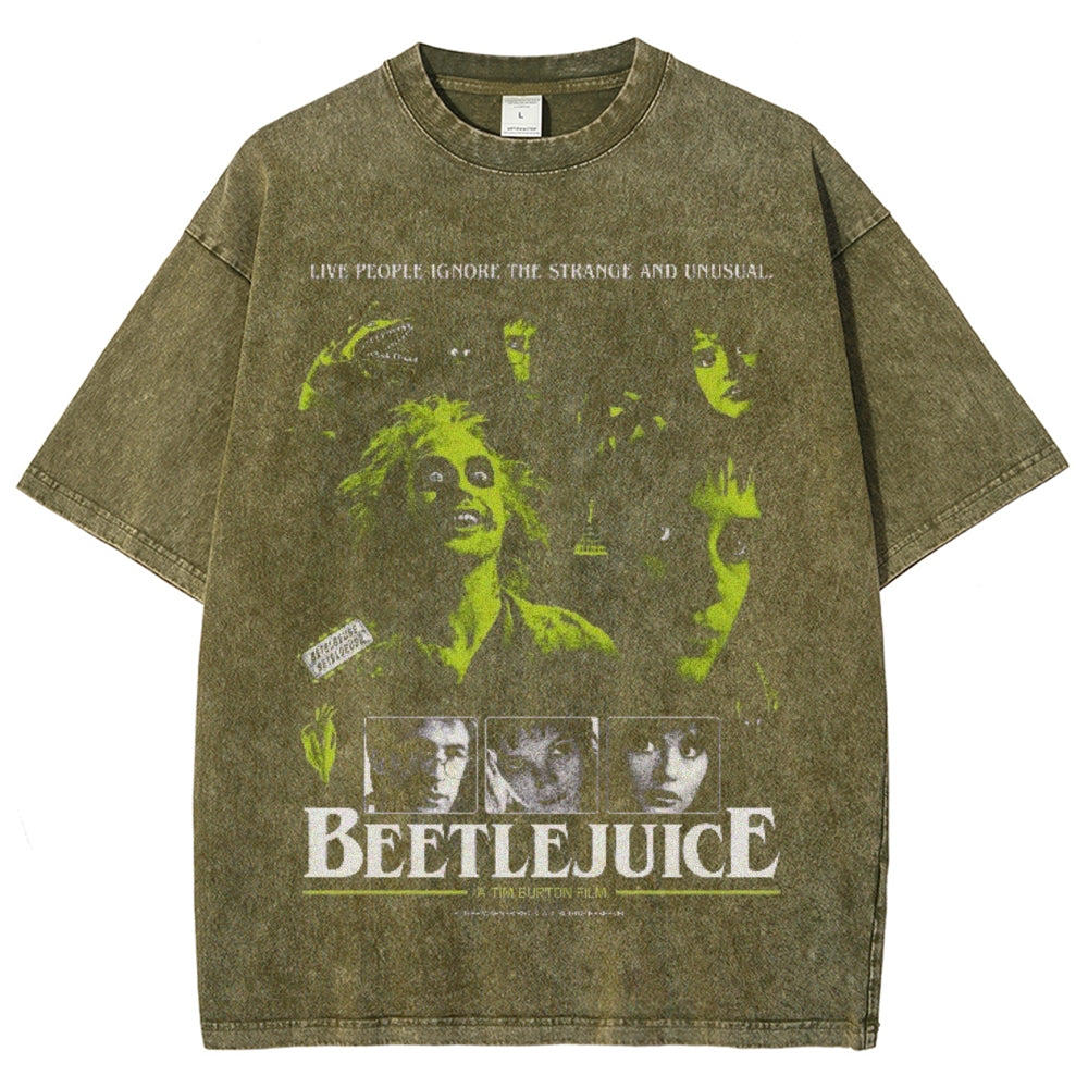 Unisex Vintage The Beetlejuice Horror Graphic Short Sleeve Washed T-shirt