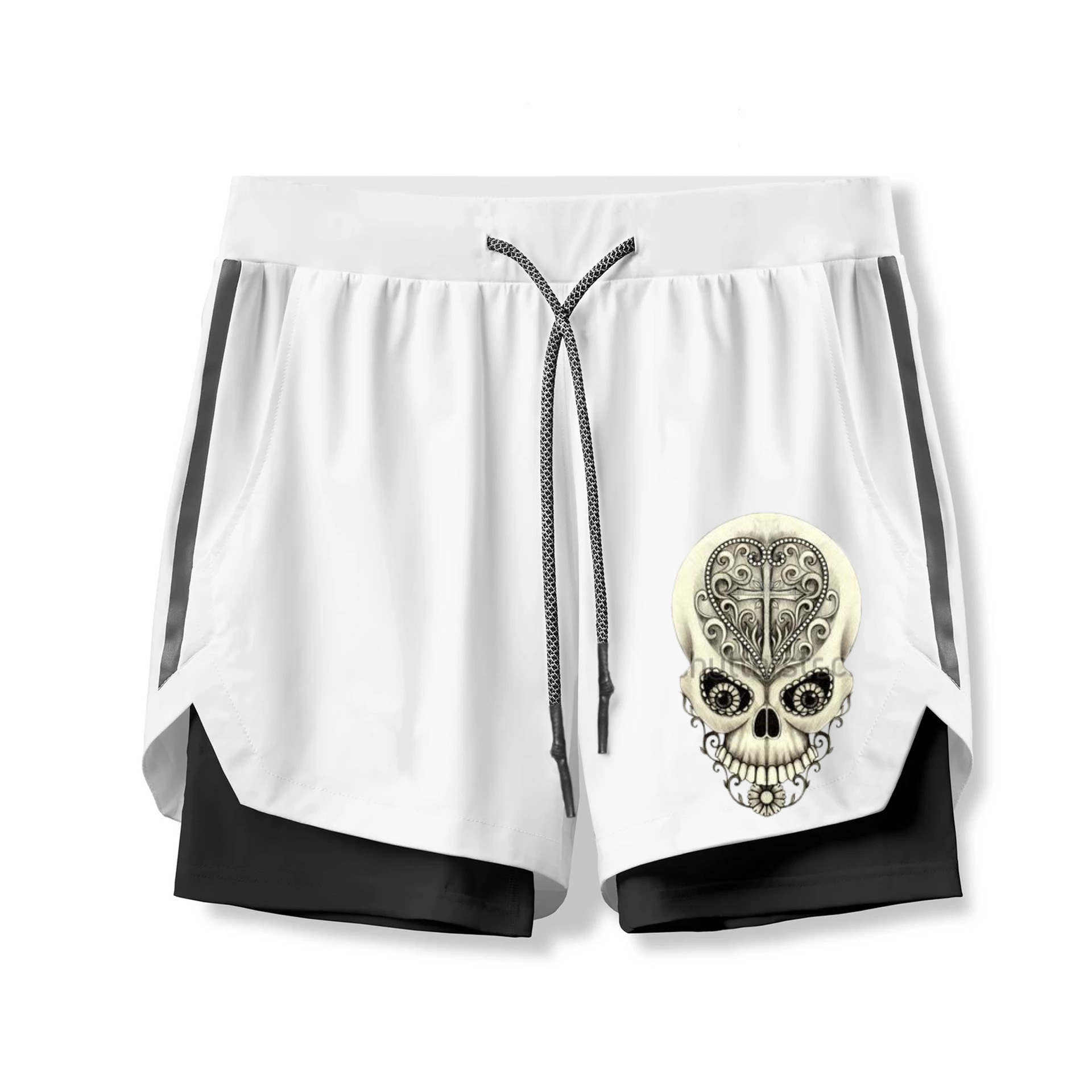 Art Skull Print 2 In 1 Gym Shorts for Men