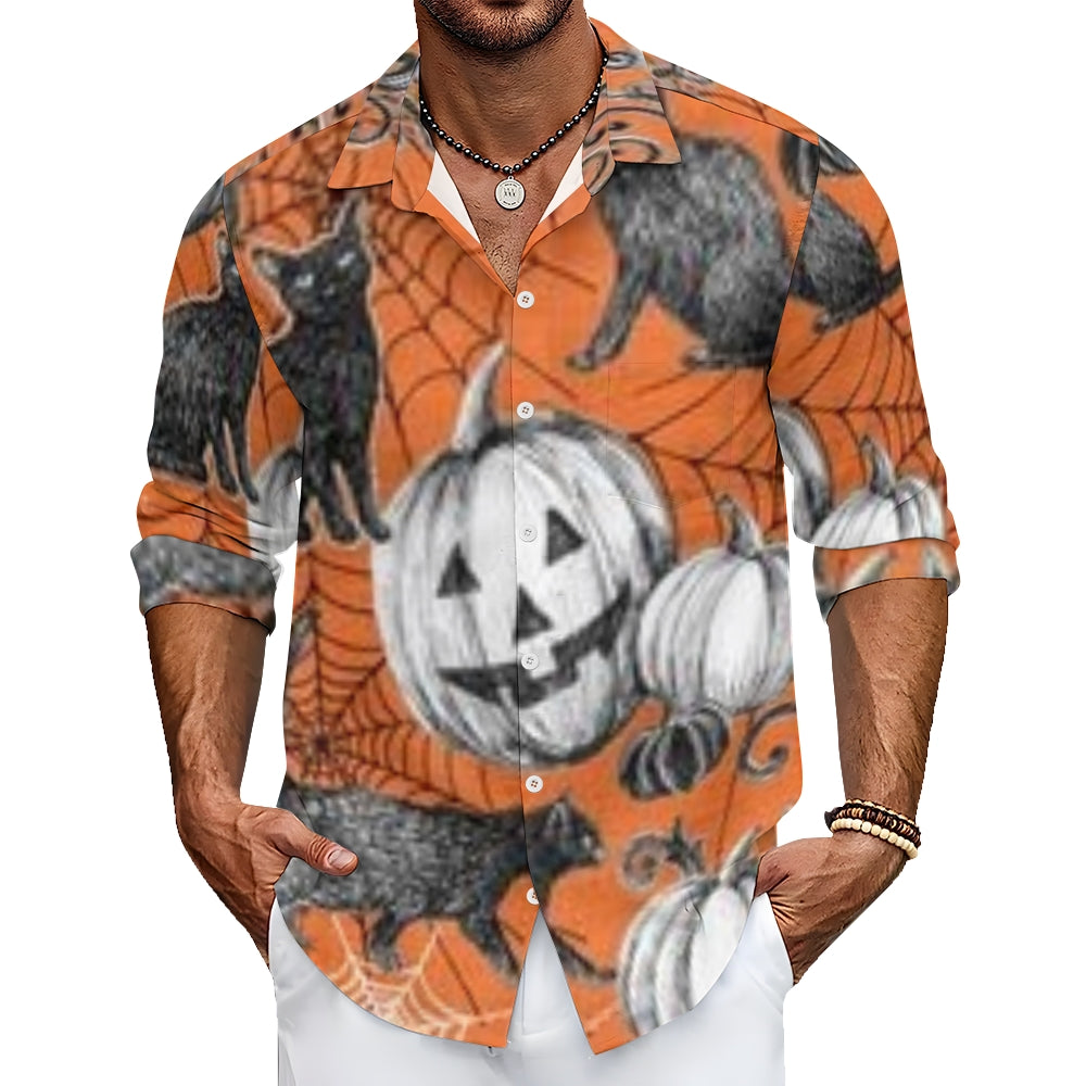 Mens Halloween Pumpkin Print Long Sleeve Shirt