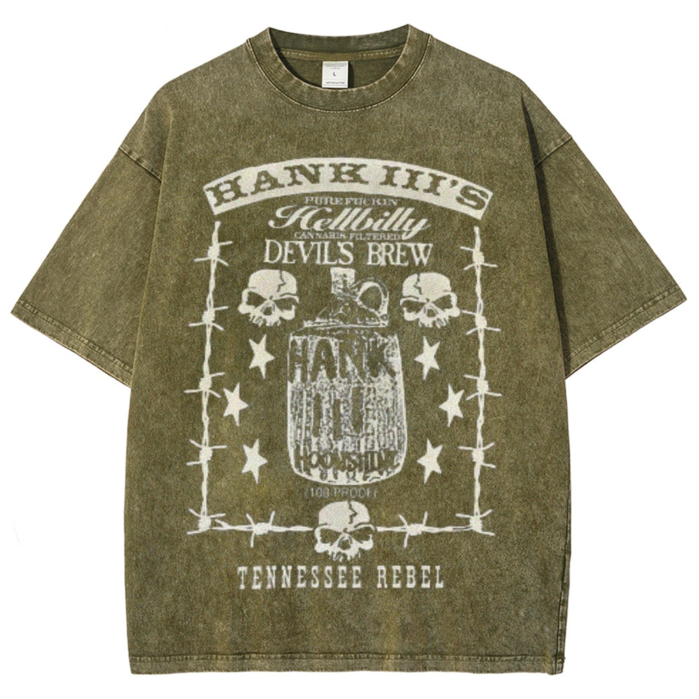 Unisex Vintage Hank 3 Darkness Style Graphic Short Sleeve Washed T-shirt