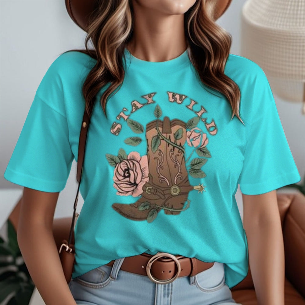 Women Cowgirl Stay Wild Print Graphic T-shirt