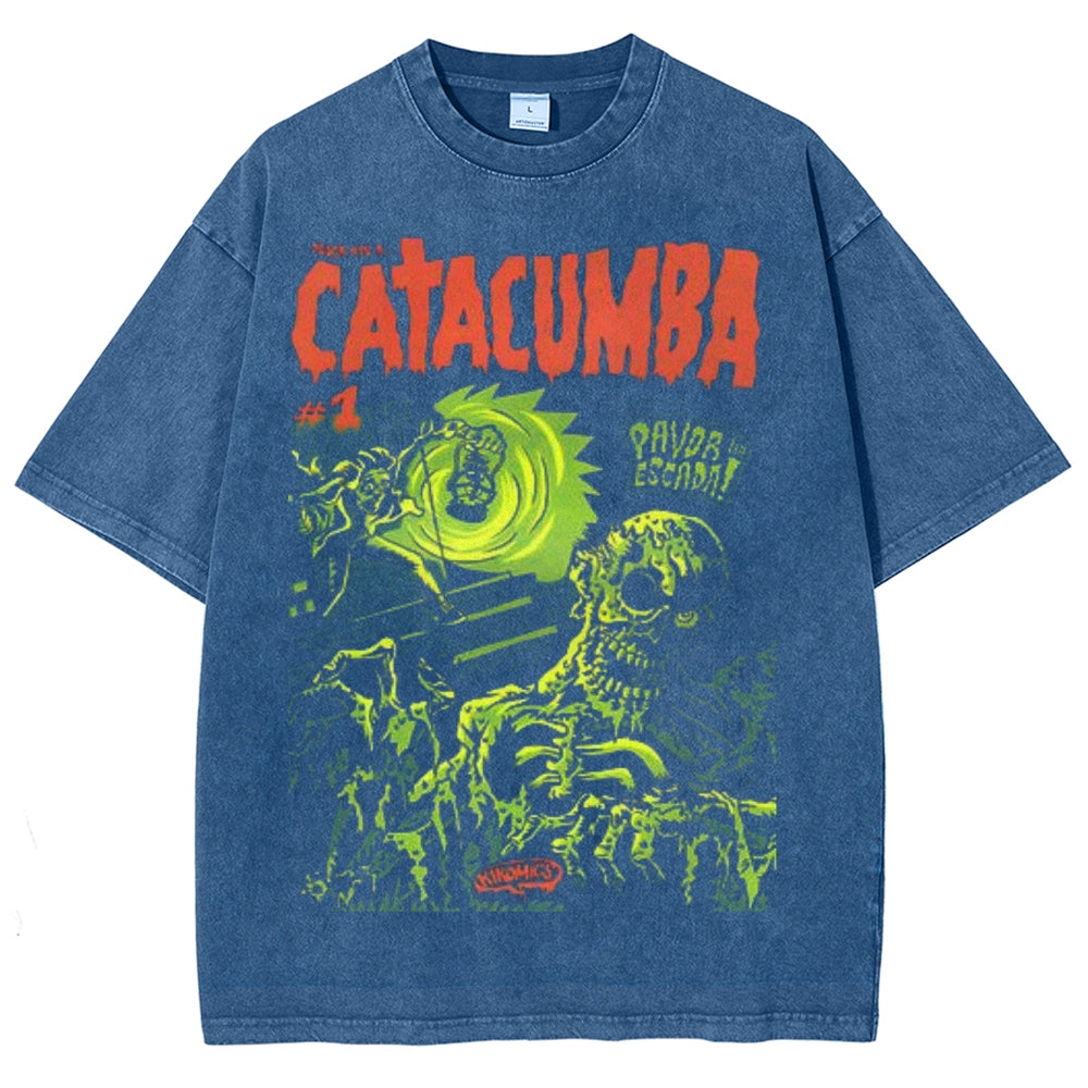 Unisex Vintage Catacumba Horror Graphic Short Sleeve Washed T-shirt